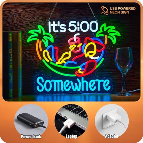 Image of Its 5 00 O'clock Somewhere Neon Sign Parrot Palm Tree Hammock It's Five Oclock Some Where Bar Beer LED Light Man Cave USB Powered Dimmable LED Sign (Green)