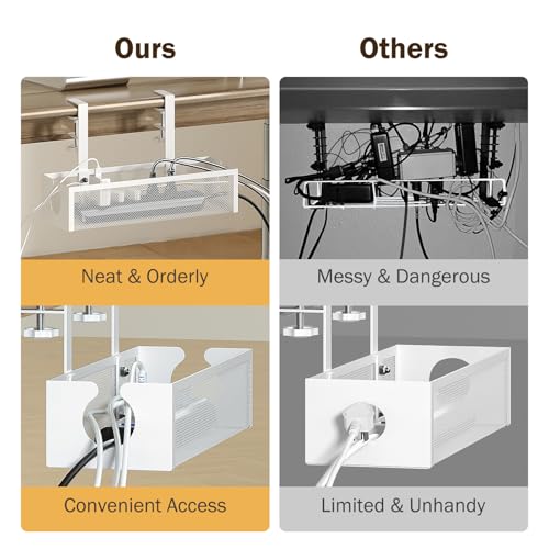 DELAMU Under Desk Cable Management Tray, No Drill Metal Mesh Cable Management Under Desk with F-Clamp Mount & 2 Open Holes, Cord Organizer for Home Office, 1 Pack, White