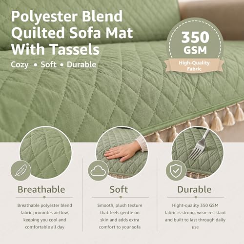 Image of Lukzer Quilted Sofa Cover Mat with Tassels for 3 Seater Sofa - Mint Green | Soft Washable Anti-Slip Protector for Living Room | Furniture Cover for Back-Seat Slipcover 180X150CM / SC-199-3T