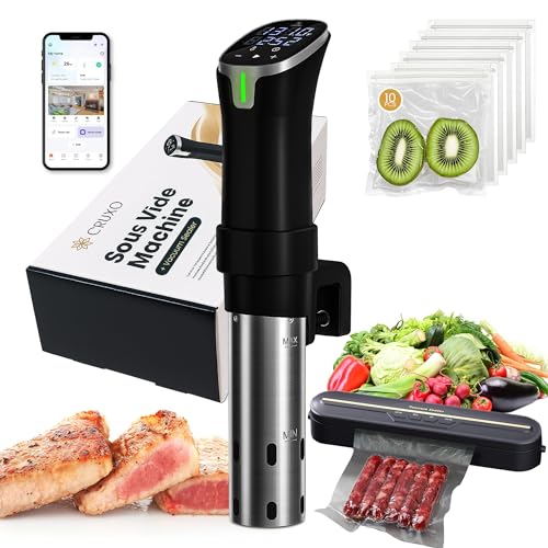 CRUXO 1100W Sous Vide Cooker Kit With App Control, Immersion Circulator, LED Display, Touch Panel, Vacuum Sealer & 10 Sealing Bags | Suvee Sous Vide Machine For Precise Cooking, Smart Thermal Cooker
