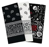 Sosun Bandana, 100% Cotton Paisley Scarf, Headwear, Face Mask for Men or Women (Black, White, Skull and Roses)
