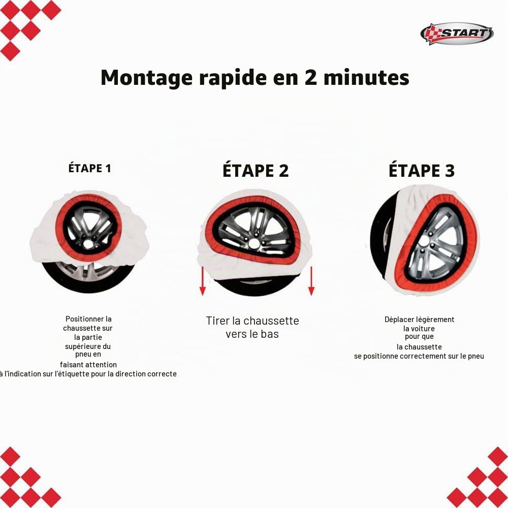 Start Chaussettes de neige taille XXL adaptées pour voitures SUV et véhicules commerciaux n'endommagent pas les jantes et faciles à monter