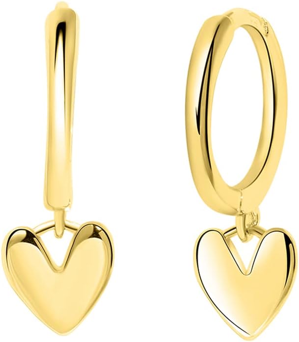 Wicary Tiny 14K Gold Plated 925 Sterling Silver Huggie Earrings with Heart Dangle Earrings Hoop Earrings for Women