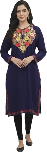 BATIN Kashmiri Pheran, Women Tunics, Indian Kurtis, Woolen Embroidered Pheran, Fine Merino Wool (Raffal) Pheran