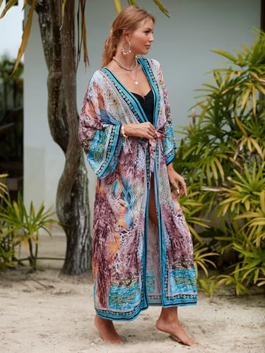 Image of Women's Kimono Cover Up Long Beach Dress Swimsuit Cover Ups Colorful Cardigan Lightweight Robe for Swimwear