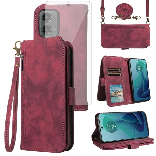 Asuwish Phone Case for Motorola Moto G 5G 2024 Wallet Cell Cover with Tempered Glass Screen Protector Crossbody Lanyard Strap Flip Zipper Credit Card Holder Slot Stand Mobile G5G 5 G G5 Women Men Red by Asuwish - Used condition - US$11.26