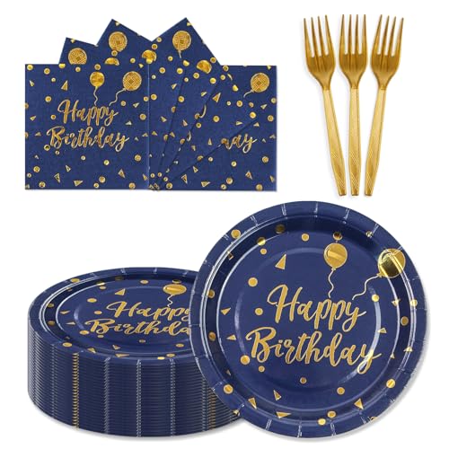 150PCS Happy Birthday Paper Plates and Napkins - 7 Inch Deep Blue Gold Dot Paper Plates and 6.5 Inch Napkins with 6.3 Inch Gold Forks Disposable Tableware Set for Birthday Party Decorations, Serves 50
