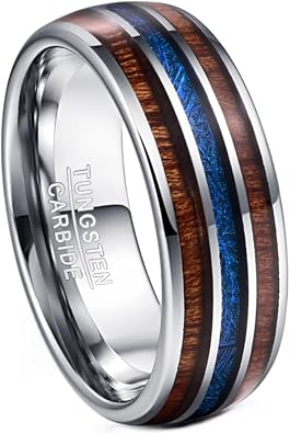 8mm Tungsten Ring for Men Hawaiian Koa Wood and Imitated Meteorite Center Inlay Wedding Bands Domed Comfort Fit Size 7-12.5