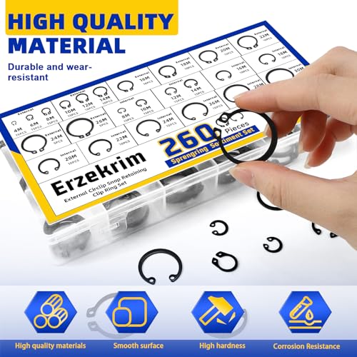 Erzekrim 261 Stück C-clip Sicherungsring Set 24 Verschiedene Größen 4M-30M E-Clip Sicherungsring Sortiment mit 4-in-1-Sprengringzangen-Set für Befestigen, Lagern, Zahnrädern, Riemenscheiben (B)