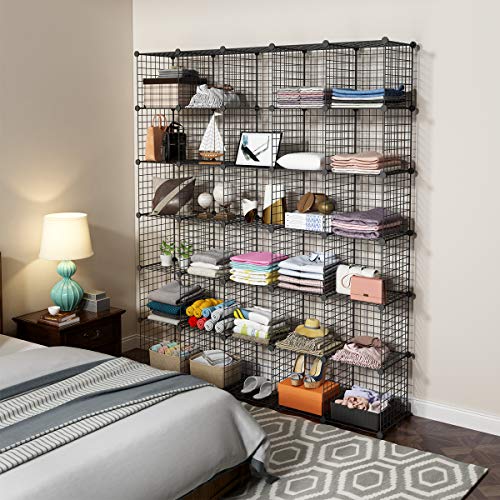 KOUSI 14\"x14\" Wire Cube Storage, Metal Grid Organizer, 30-Cube Modular Shelving Unit, Stackable Bookcase, Ideal for Living Room, Bedroom, Office