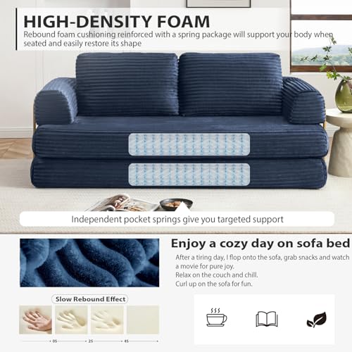 Image of HANXIN 80'' Convertible Sleeper Sofa Bed, High Back Plush Corduroy Folding Floor Mattress Couch with Fixed-Shape Frame, Boneless Futon Loveseat with Pull Out Bed, No Assembly Required (Blue)