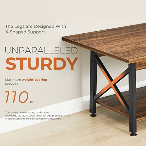 Greenforest Coffee Table Large 43.3 X 23.6 Inch Farmhouse Rustic With Storage Shelf For Living Room, Easy Assembly, Walnut #TOP4