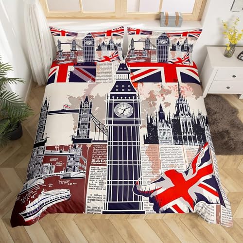 NDXRWDZR Housse de Couette 200x200 Adolescent Londres, Angleterre Parure de Lit 2 Personnes avec Fermeture Éclair Doux Respirant Microfibre Housse de Couette et 2 Taie...