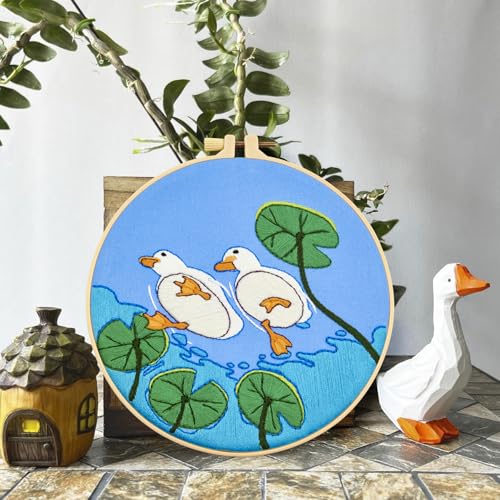 Image of Duck Hand Embroidery Kits for Beginners Adults, Animal DIY Embroidery Starter Kit, Stamped Cross Stitch Kits for Beginner Craft Kits for Adult Women, Entire Set of Embroidery Supplies & Video Tutorial