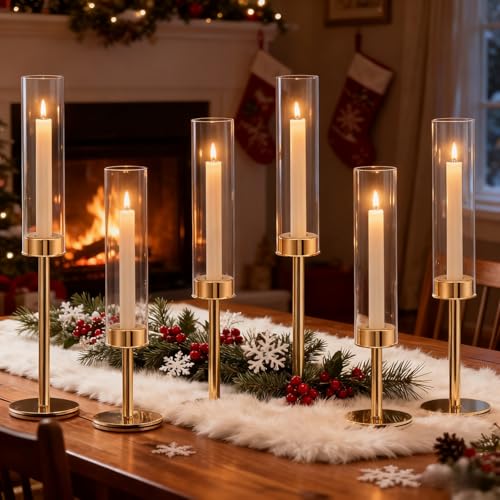 Gold Hurricane Candle Holders Set of 6, Tall Metal & Windproof Glass Taper Candle Holders, Outdoor/Indoor Table Centerpieces for Weddings, Christmas, Parties, Fireplace Decor