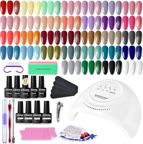 JODSONE 32 Colours Gel Nail Polish Set with UV Lamp, Complete Gel Nail Kit with Base & Top Coat, Nail Art Tools Starter Kit for Home Manicure