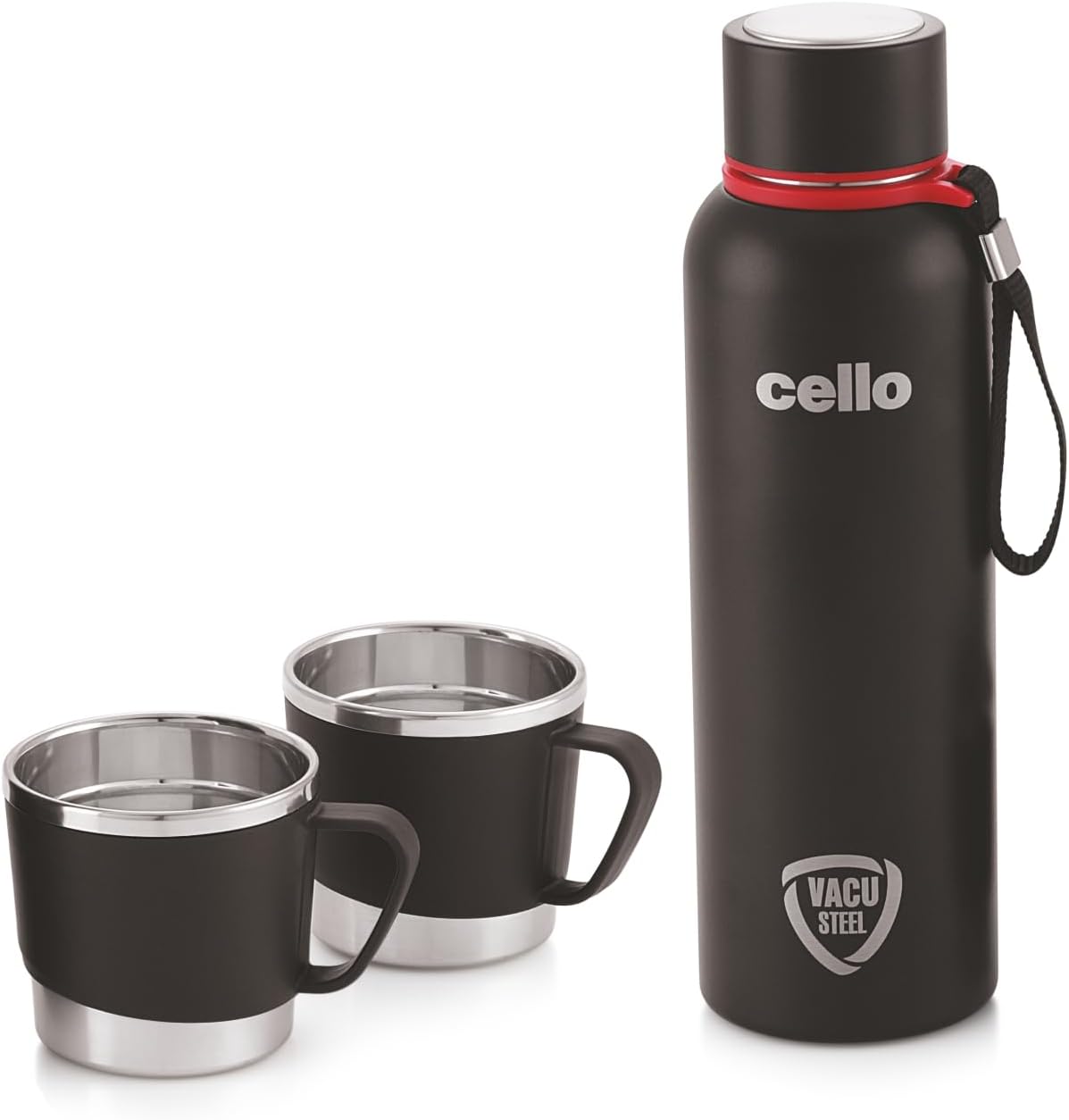 Kent Vacusteel Flask with Mugs Gift Set | Leak-Proof Design & Rust-Resistant Flask | Ideal for Coffee, Tea, Hot Chocolate, or Iced Beverages | 3 Unit, Black