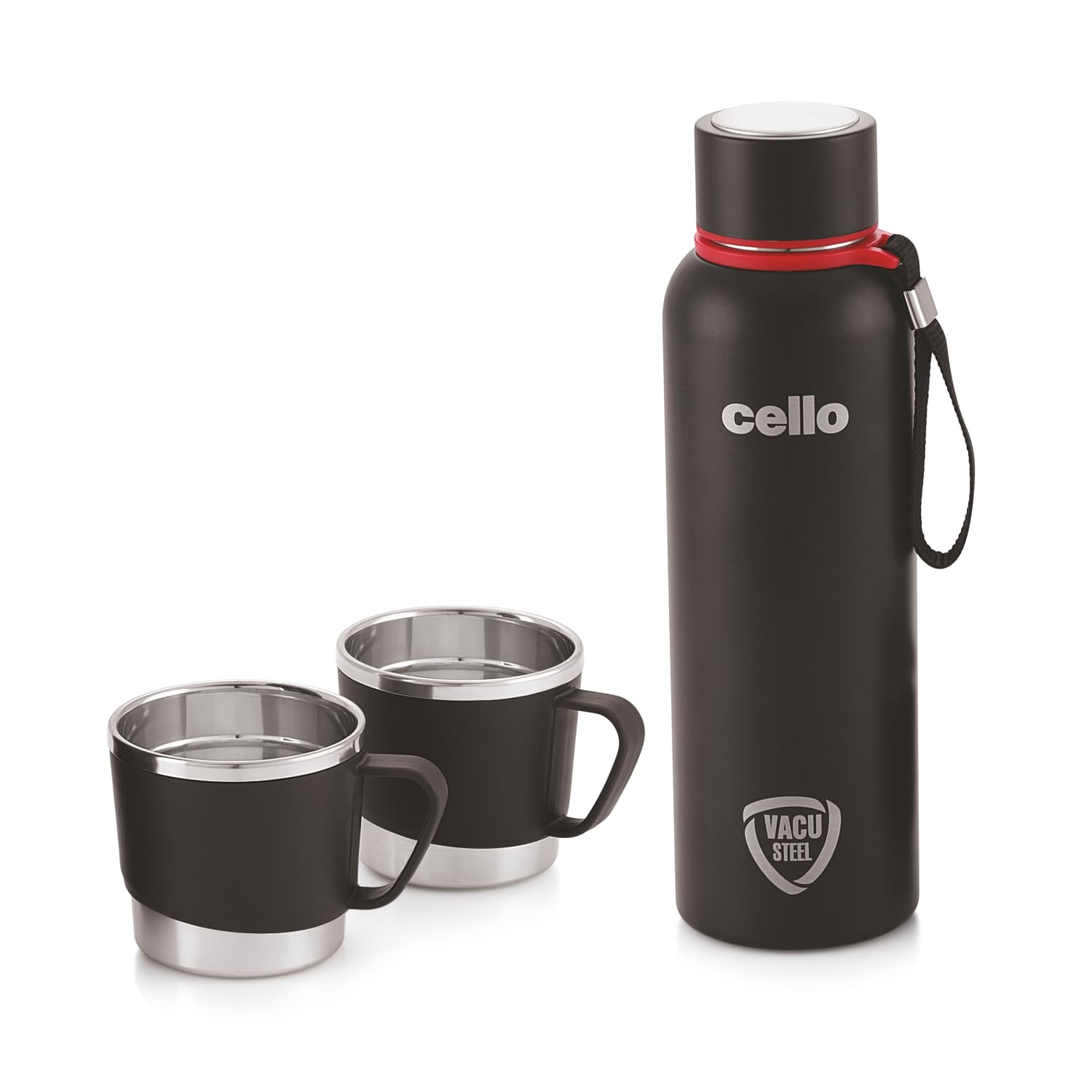 Kent Vacusteel Flask with Mugs Gift Set | Leak-Proof Design & Rust-Resistant Flask | Ideal for Coffee, Tea, Hot Chocolate, or Iced Beverages | 3 Unit, Black