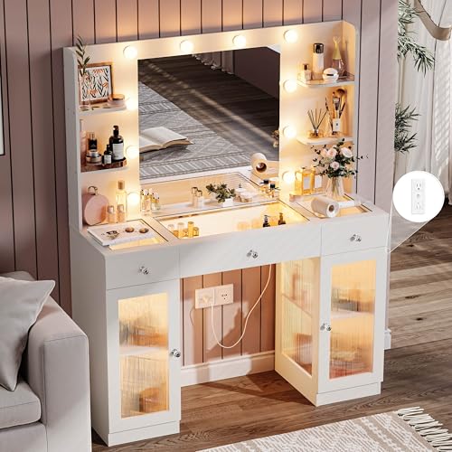 IFSEB Makeup Vanity with Glass Top, White Vanity Desk with Mirror and Lights, Big Vanity with...