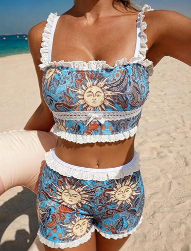 Image of ZAFUL Womens High Waisted Bikini Sets 2 Piece Plaid Ruffle Swimsuits Back Strap Top with High Waisted Shorts Bathing Suit
