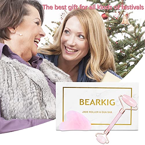 Jade Roller & Gua Sha Set, Bearkig Jade Roller For Face, Anti-Aging Rose Quartz Face Roller For Skin Care, Beauty Facial Roller Massager Tools For Face, Eye, Neck, Reduce Wrinkle & Dark Circle #TOP7