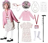 Minggo 17 pcs Old Lady Costume for Kids 100 Days of School Granny Dress Up Wig for Girls Halloween Grandma Costume (Pink, 3-4 yr)