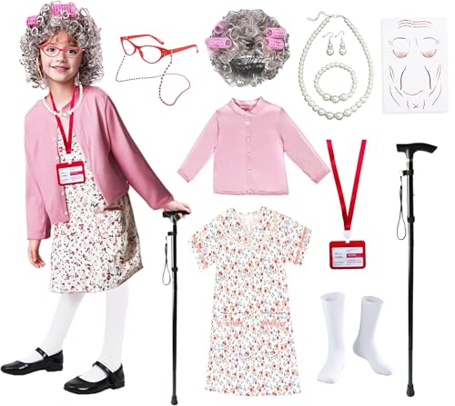 Minggo 17 pcs Old Lady Costume for Kids 100 Days of School Granny Dress Up Wig for Girls Halloween Grandma Costume (Pink 5-7 yr)