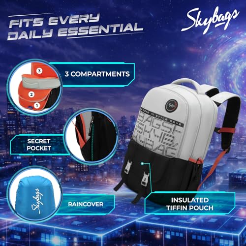 Image of Skybags Aero Pro 38L Casual Backpack for Boys & Girls with 3 Compartments & Adjustable Strap | Insulated Tiffin Pouch | Rain Cover | Aer-Zone Back Panel | Perfect for School & Travel - Unisex