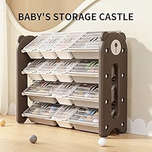 UNICOO Kids Baby Bear Toy Organizer Rack 14 Bins with Dustproof Storage Cover for Baby Essentials Kids Toys Supplies 4 Tier Large Size Bear Organizer Brown