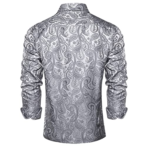 DiBanGu Mens Silk Paisley Dress Shirts Casual Jacquard Long Sleeve Button Down Shirt with Collar Pin Wedding Party3