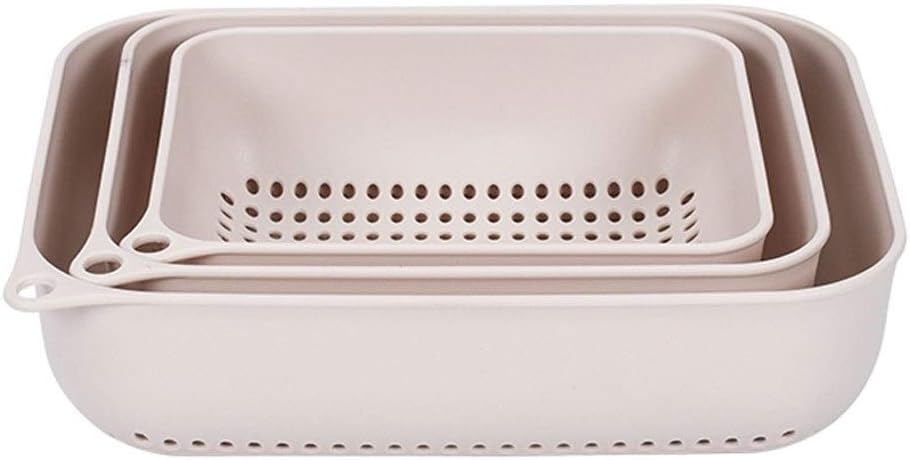 3-piece Set Square Colander Stackable Strainer and Hanging Holes，3 Sizes(Pink)
