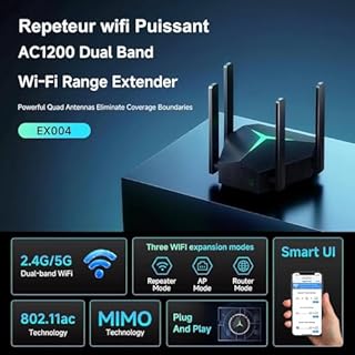 5G Repetiteur WiFi Puissant sans Fil 1200mbps Amplificateur de Signal WiFi Bi-Bande,4 antennes,2 Rj45 Ports LAN,Répéteur Puissant pour la Maison et Le Bureau Couverture jusqu'à 9800 m³