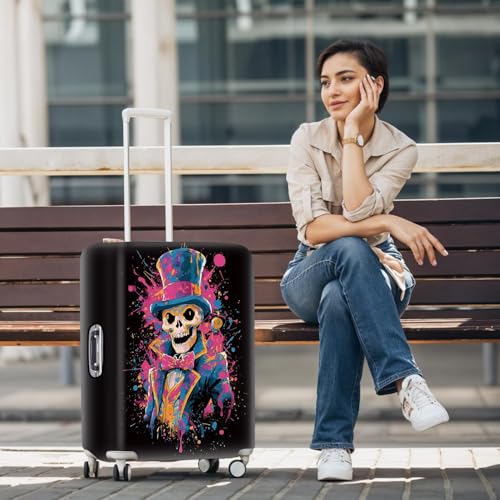 Image of Colorful Skeleton in Top Hat Luggage Cover - Abstract Skull Design Suitcase Protector for 32-34 Inch Luggage,XL
