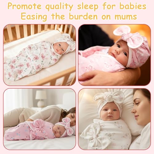 Image of Ramede 6 Pack Swaddle Blanket with Hats for Baby Girl Boy 100% Cotton Swaddles 0-3 Months, Adjustable Breathable Skin Friendly Receiving Blanket Wrap, Essential for Newborns(Rosette,Pink)