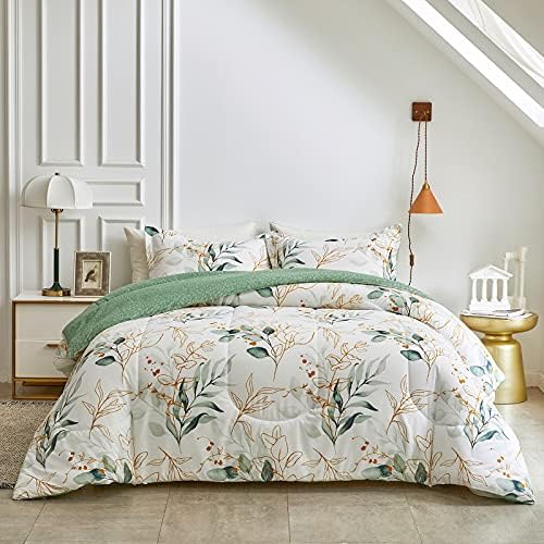 Joyreap 3pcs Botanical Comforter Set Full/Queen, Green n Golden Leaves on White Reversible Design, Soft Microfiber Bedding Comforter Set for All Season, 1 Comforter n 2 Pillow Shams, 90x90 inches
