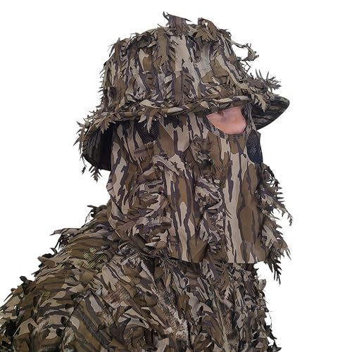 QuikCamo Mens Mossy Oak Original Bottomland 3D Leafy Camo Bucket Hat with Built-In Face Mask for Turkey Hunting - Adjustable Size