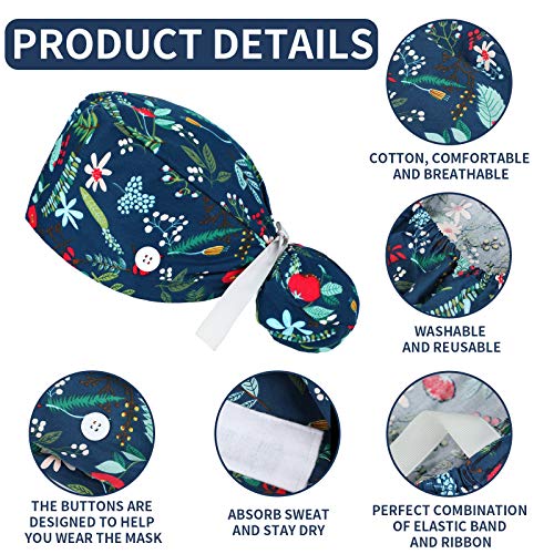 Image of Honoson 6 Pcs Scrub Caps Women with Buttons | Adjustable, Bouffant Surgical Caps, with Ponytail Holder, Cotton Nurse Hats