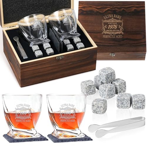 50th Birthday Gifts for Men Whiskey Glass Set of 14 (2 Crystal Glasses, 8 Ice Molds, 2 Coasters,1 Tongs, 1 Gift Box ), 10oz Tumblers for Bourbon Scotch Cocktails, 50th Birthday Decorations for Men
