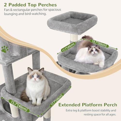 Image of Globlazer 75in Sturdy Cat Tree for Large Cats, Heavy Duty Multi-Level Cat Tower for Indoor Cats with Extended Platform, 2 Spacious Condos, 2 Padded Perches, 6 Sisal Scratching Posts, S75, Light Grey