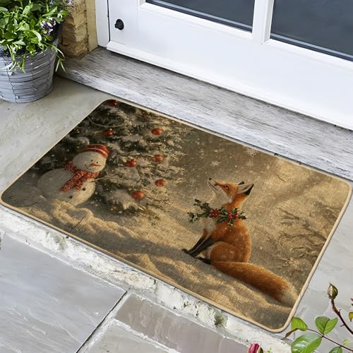 Paillasson renard d'hiver, tapis d'entrée rustique pour décoration intérieure et extérieure, antidérapant, imperméable et facile à nettoyer, 73,6 x 43,2...