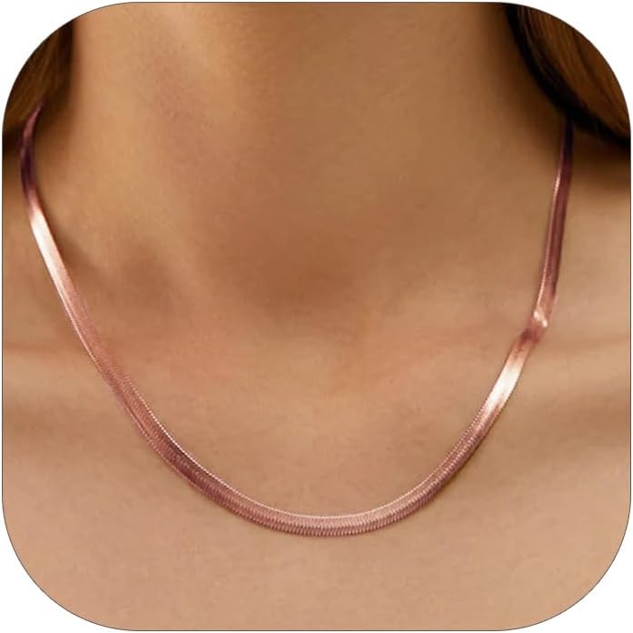 FOCALOOK 14K Gold Plated Necklaces for Women, Fashion Herringbone Choker Necklace Stainless Steel Flat Snake Chain 3/5MM(W) 12.5"/15"/18"+3.5"(L)