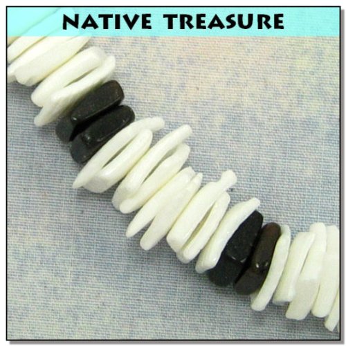 Native Treasure - 16 Inch Small Mens/Womens White Chips Puka Shell Necklace/Choker With Black Chips Accents #TOP3