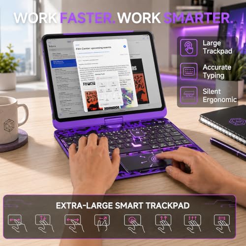 Image of Cyberpunk Clear Keyboard Case for iPad (A16) 11th 10th Generation (11 inch 2025 & 10.9 inch 2022), 360 Rotatable, Multi-Touch Trackpad, 7-Color Backlit, Pencil Holder, Battery Level Display, Purple