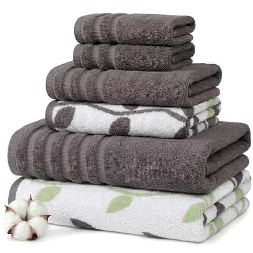 Image of Modern Threads 6 Piece Bath Towel Set - Bathroom Set with 2 Bath Towels, 2 Hand Towels, and 2 Wash Cloths - 100% Cotton, Super Absorbent & Extra Soft - Reversible Natural Vine (Gray)