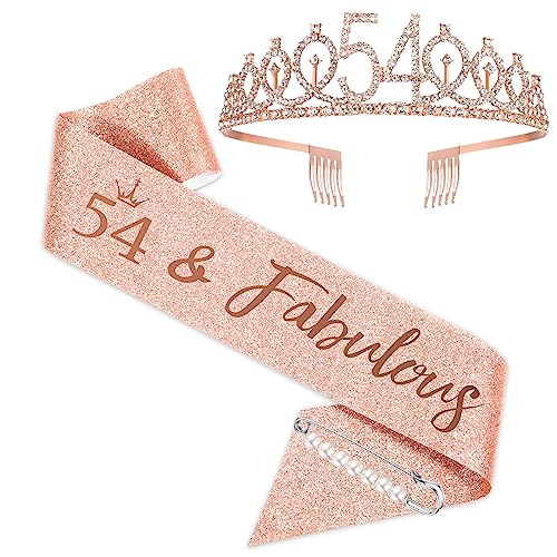 Banda y tiara de cumpleaños 54 de oro rosa para mujer fiesta de 54 años