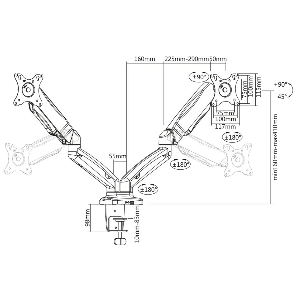 ACT Support de moniteur de bureau pour 2 moniteurs de 13 à 32 pouces, VESA 75/100 mm, bras de moniteur à vérin à gaz, entièrement réglable, avec ports audio et USB, charge maximale 9 kg - AC8312, noir