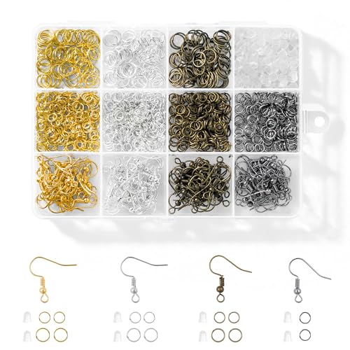 Nkwuire 4 Colors Earring Hooks 890 Pcs Earring Making Supplies Kit with Ear Wires Hooks Open Jump Rings and Earring Backs for Jewelry Making Findings
