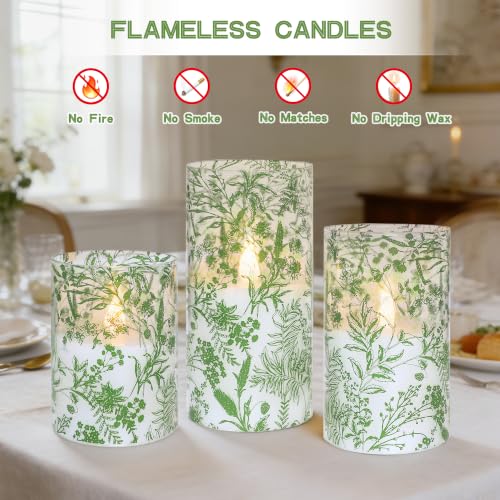Image of Green Plants Flameless Candles with Remote Timer, Plant Theme LED Glass Candles, Battery Operated Candles for Home Party Wedding Christmas Botanical Summer Decor, Set of 3