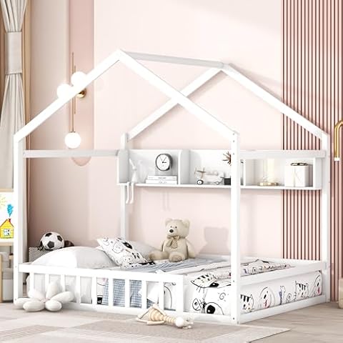 LostCat Full Size Floor Bed with Storage Shelf, Wood House Bed with Guardrail and Roof, Montessori Floor Bed for Children Teens Adults, No Box Spring Required, White Cover