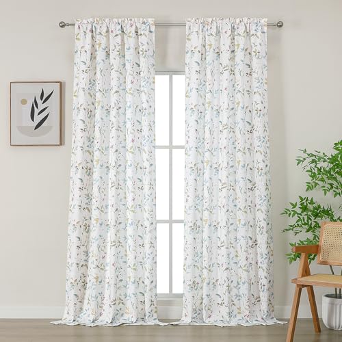 Image of Chyhomenyc Light Filtering 96 Inch Window Curtains - Linen Blend Floral Printed Curtains Drapes for Living Room, Soft Farmhouse Curtain for Bedroom, 52Wx96L Inch, 8 FT, 2 Panels